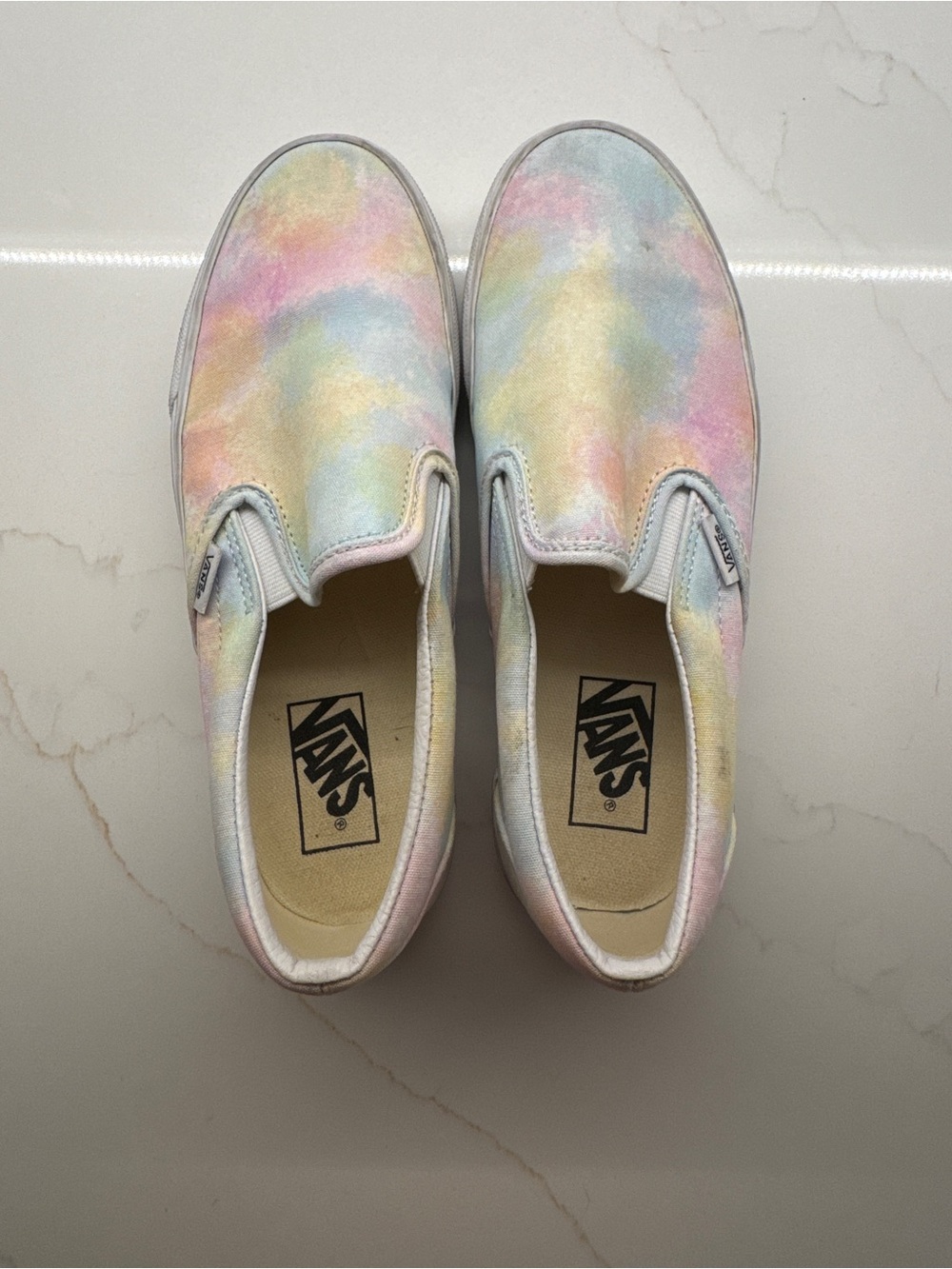 Vans women’s Slip-On Sneakers in Pastel Tie-Dye (Pink, Blue, Yellow)